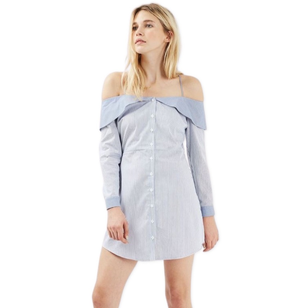 🆕 NWT Topshop Stripe Bardot Shirt Dress - Picture 2 of 10